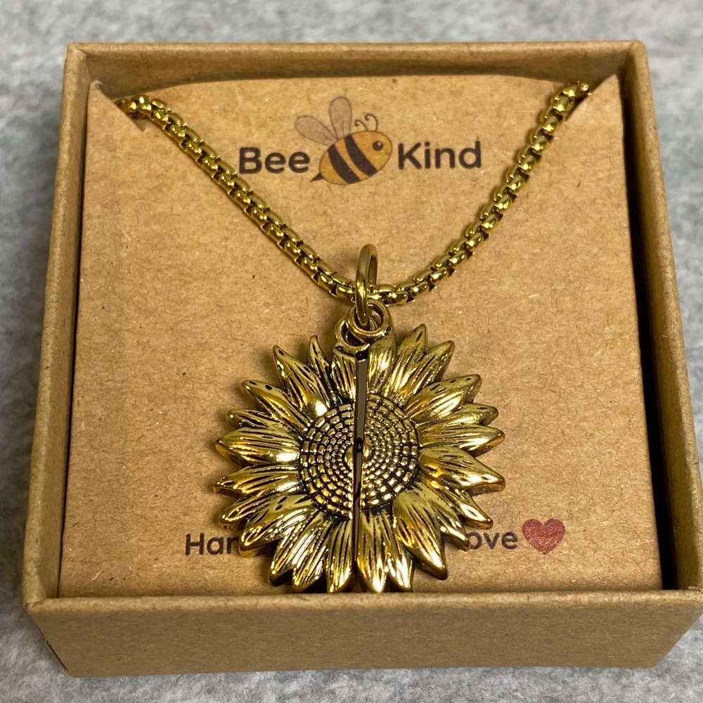 Bee Kind Sunflower Locket Necklace Women Goldtone You Are My Sunshine NIB Gift